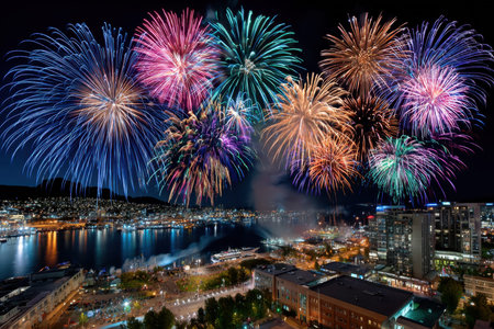 Fireworks explode over a cityscape and harbor at nightの写真素材