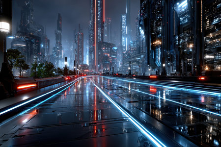A futuristic city street at night with glowing neon lightsの写真素材
