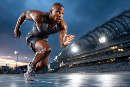Male athlete sprints on a wet track in a stadium at duskの写真素材