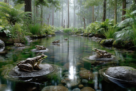Several frogs sit on smooth stones in a serene stream surrounded by lush greenery in the morning mist.の写真素材