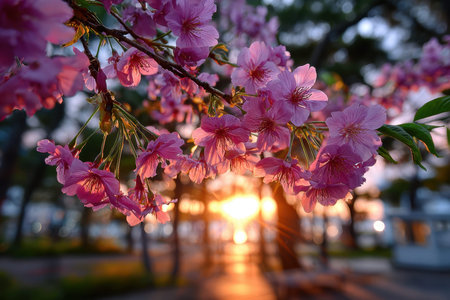 Pink cherry blossoms on a branch at sunset in a blurred park settingの写真素材
