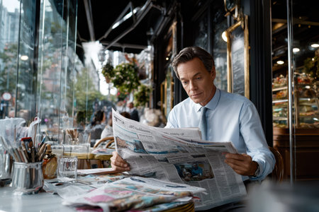 A focused businessman sits at a cafe table, reading a newspaper while enjoying the morning ambiance outside.の写真素材