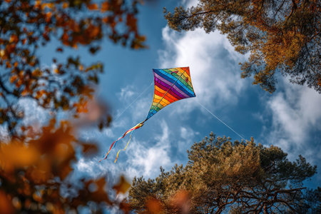 A vibrant rainbow kite dances in the blue sky above golden autumn leaves and green trees.の写真素材