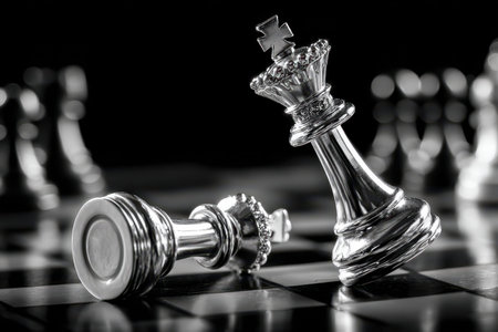 Silver chess pieces on a board with one king triumphant over anotherの写真素材