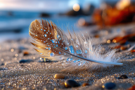 A macro shot of a feather on a beach, under soft, morning light, with a sudden gust of windの写真素材