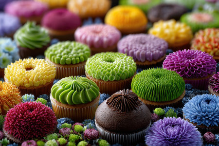 Brightly decorated cupcakes feature intricate frosting designs, surrounded by lively flowers in a delightful display.の写真素材