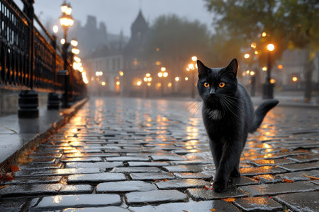 A solitary black cat strolls down a rain-slicked cobblestone path, illuminated by streetlights at twilight.の写真素材