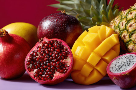 Closeup of assorted fresh tropical fruits on a purple surfaceの写真素材