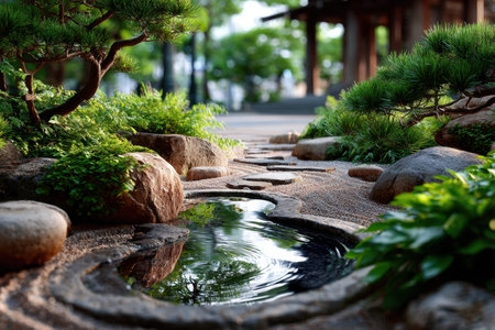 A serene rock garden with a small pond reflects lush greenery and stepping stonesの写真素材