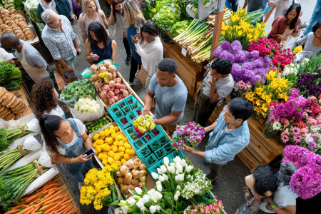 A bustling farmer's market on a sunny day, shot with a drone camera, featuring a man buying a bouquet of flowers, ultrarealistic photoの写真素材