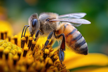 Extreme closeup of a honeybee covered in pollen as it gathers nectar from a vibrant yellow flowerの写真素材