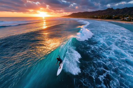 A surfer rides a wave at sunset near a tropical beachの写真素材