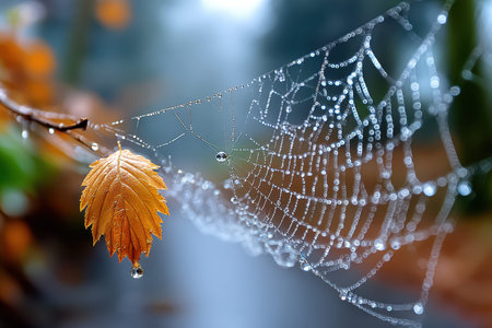 Bright orange leaf clings to a branch next to a delicate spiderweb covered in water droplets in a forest.の写真素材