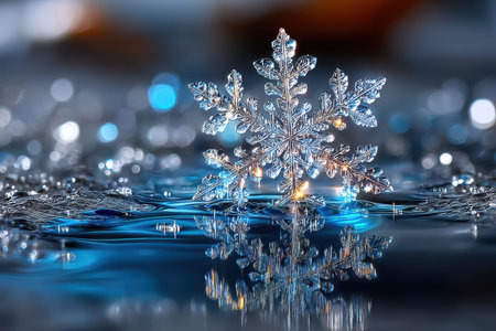 A detailed snowflake rests on rippling water, its reflection shimmering belowの写真素材