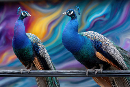 Two stunning peacocks stand gracefully on a wire against a lively mural filled with colors.の写真素材