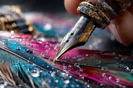 A skilled hand uses a fountain pen to write on a vibrant feather, glistening with water droplets.の写真素材