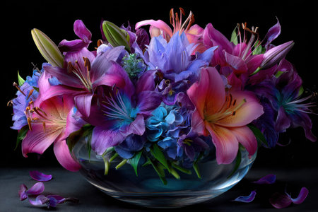 A stunning arrangement features blooming lilies and blue flowers in a clear glass vase against a dark background.の写真素材
