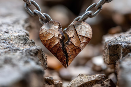 A cracked heart-shaped stone is caught in a rusty chain resting on a rough rocky surface.の写真素材