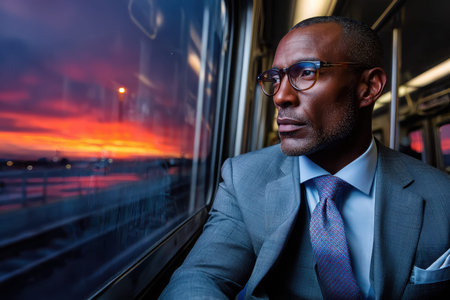 A businessman gazes out the window of a train during a vibrant sunset, lost in thought about his day.の写真素材