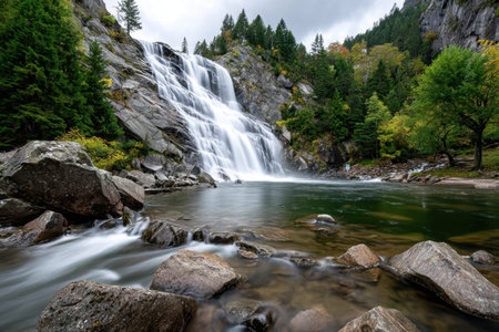 Waterfall flows over rocks into a clear river surrounded by trees and forestの写真素材