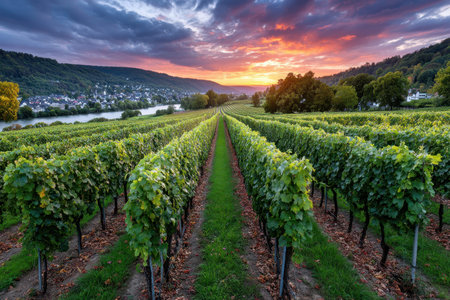 Lush vineyard rows at sunset overlooking a river and a small villageの写真素材