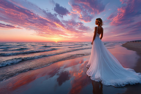 A woman in an elegant white dress strolls along the shoreline as the sun sets, casting vibrant colors across the sky.の写真素材