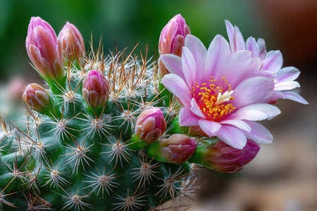 A closeup of a cactus with a pink flower and several budsの写真素材