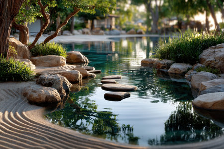 A serene Japanese garden with stepping stones over a tranquil pond and raked sandの写真素材
