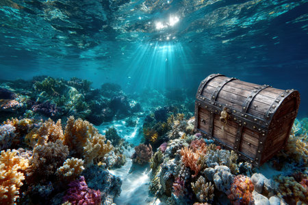 A vibrant coral reef teeming with marine life, illustrating biodiversity, shot with an underwater camera, under natural sunlight, with a sunken treasure chest in the backgroundの写真素材
