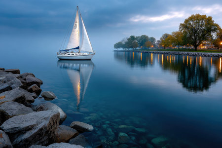 A sailboat glides across a misty lake at dawn, near a rocky shore and treelined pathの写真素材