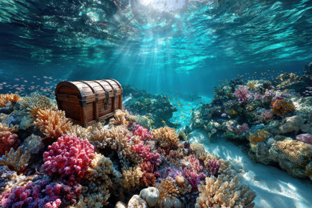 A vibrant coral reef teeming with marine life, illustrating biodiversity, shot with an underwater camera, under natural sunlight, with a sunken treasure chest in the backgroundの写真素材