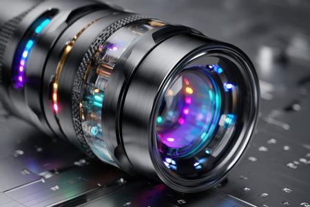 A futuristic camera lens with glowing lights rests on a circuit boardの写真素材