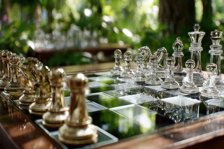 A clear glass chess set is arranged on a table in a vibrant garden filled with greenery and sunlight.の写真素材