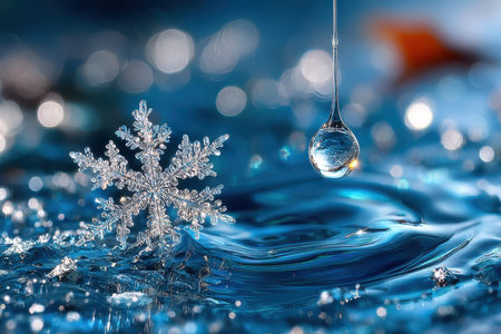 A snowflake rests near a shimmering droplet falling into calm blue water, capturing the essence of winter.の写真素材