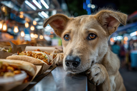 A dog looks longingly at food at an outdoor night marketの写真素材