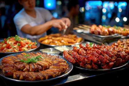 Various grilled meat dishes are displayed at an outdoor food stallの写真素材