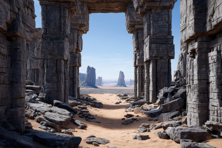 Ancient stone structures frame a breathtaking desert view, highlighting unique rock formations and sandy terrain.の写真素材