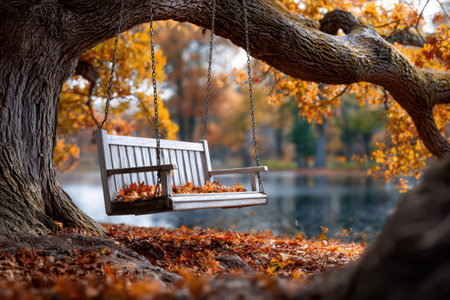 A rustic swingset hangs from a tree, surrounded by vibrant autumn foliage reflecting over calm water.の写真素材