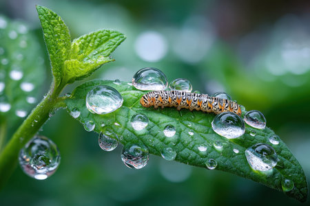 A close-up shot of a dew-kissed leaf at dawn, using natural light and a macro lens, with a surprise element of a caterpillar crawling on itの写真素材