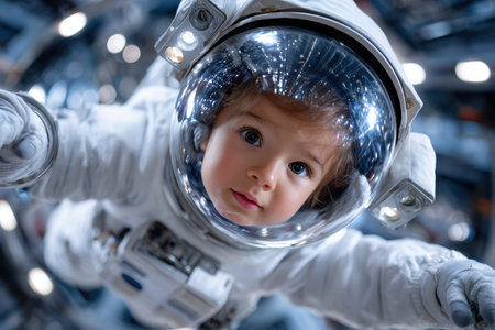 A young child in an astronaut suit curiously gazes at the camera in a fun, space-themed setting.の写真素材