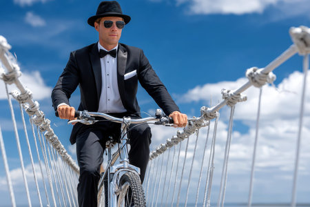 Man wearing a tuxedo and hat rides a bicycle on a bridge with a beautiful sky overhead.の写真素材