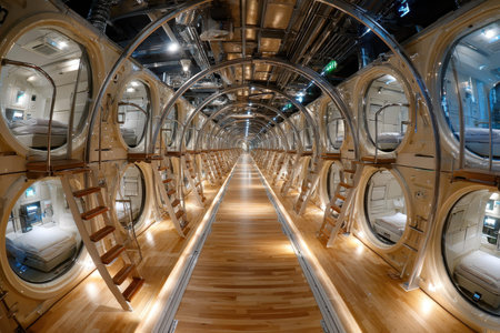 A long corridor with small, circular sleeping pods in a modern capsule hotelの写真素材
