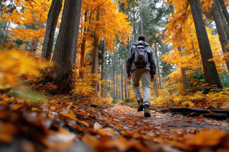 Hiker walks a forest path covered in autumn leavesの写真素材