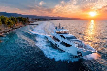 A white yacht cruises along the coastline at sunsetの写真素材