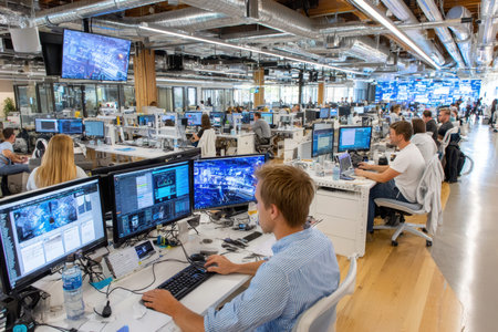 A bustling Silicon Valley tech office, showcasing innovation and teamwork, in bright, fluorescent lighting, using a wide-angle lens, with a sudden power outage., ultrarealistic photo --ar 3:2 --raw --profile nk3i4wf --stylize 250 --v 7 Job ID: a5a41e9a-8f23-4f31-8a11-f27c4c2dd9f3の写真素材