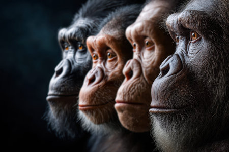 Four primate faces in profile showcase evolutionary stages, highlighting physical differences and similarities.の写真素材
