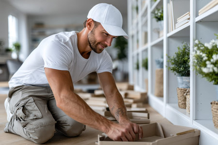 A man in a white t-shirt and cap carefully arranges boxes on the floor of a contemporary living room filled with plants.の写真素材
