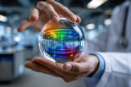 A scientist gently grasps a crystal sphere emanating rainbow hues, surrounded by laboratory equipment.の写真素材