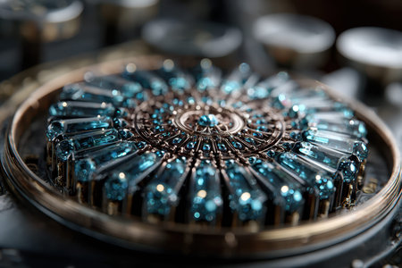 A stunning arrangement of blue gemstones is artfully displayed in a circular formation, showcasing craftsmanship.の写真素材