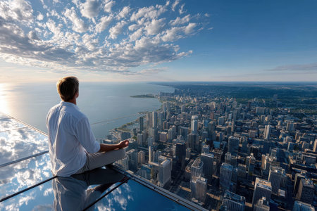 A person sits peacefully on a rooftop, gazing at the vast city and shimmering lake as clouds drift by.の写真素材